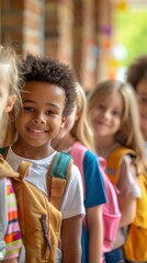 Sticker - A group of kids standing in line with backpacks on. AI.