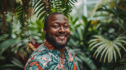 Wall Mural - A man smiles for the camera while standing in a tropical garden. AI.