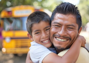 Sticker - A father and son hug and smile at each other. AI.