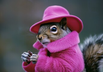 Sticker - A squirrel dressed in a pink hat and coat like a small queen. AI.