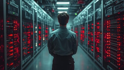 Wall Mural - A Man Walking Through a Server Room