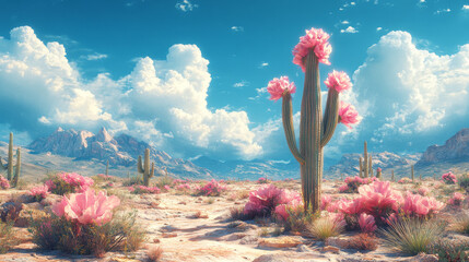 Poster - A vibrant desert landscape with blooming pink cactus flowers against a backdrop of blue sky and fluffy white clouds.