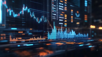 A digital data visualization displaying fluctuating stock market trends with colorful graphs and indicators.