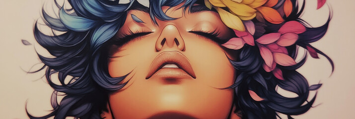 Poster - A woman with blue hair and a flower crown closes her eyes in peace, her face glowing with warmth.