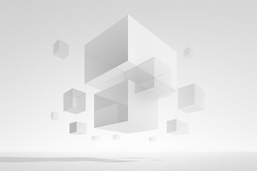 Wall Mural - Abstract floating cubes in a minimalist white space creating a surreal visual experience