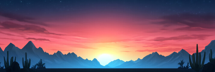 Poster - A stunning sunset over a mountain range, with the sky painted in vibrant hues of pink and orange. The silhouette of cacti in the foreground adds a touch of the desert to this scenic landscape.