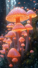 Canvas Print - A cluster of glowing mushrooms in a mystical forest setting. The mushrooms are illuminated with a soft, warm light, creating a magical and ethereal ambiance.