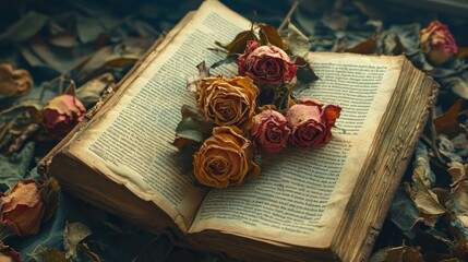 An open antique book with dried roses on the pages surrounded by dried leaves.