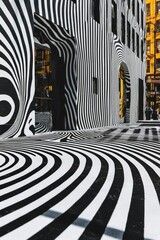 Black and White Striped Building Wall with Circular Pattern