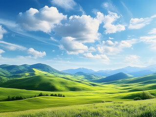 A tranquil countryside scene with rolling green hills, a clear blue sky dotted with fluffy clouds, and a peaceful meadow of grass, capturing the natural beauty and serenity of a mountainous landscape