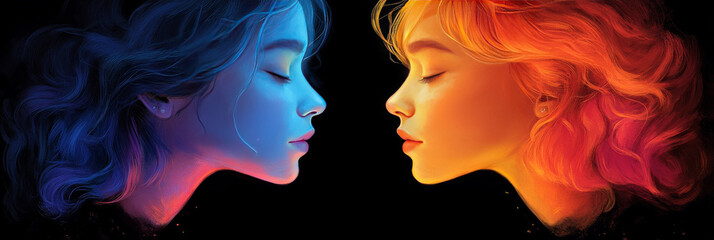 Wall Mural - Two women, one in cool tones and one in warm tones, face each other with their eyes closed.