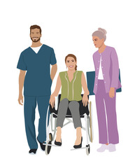 Medical workers, man and woman in scrubs standing with patient in wheelchair. Concept of care and support for people with disability. Vector flat illustration isolated.