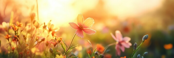 Aufkleber - A breathtaking meadow filled with colorful flowers glows warmly under the golden light of the setting sun, creating a serene atmosphere. Generative AI