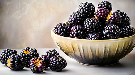 Wall Mural - Fresh Blackberries in a Bowl and Blackberries on a Table