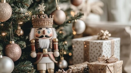 Canvas Print - A nutcracker sitting next to a christmas tree