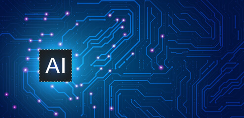 Artificial intelligence blue background technology. Logo machine learning concept with circuit board AI. Vector editable