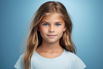 portrait of a cute little girl with long hair on blue background