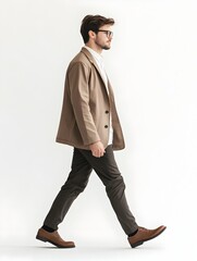 Stylishly Dressed Man Walking in Full Length Studio Photoshoot on White Background