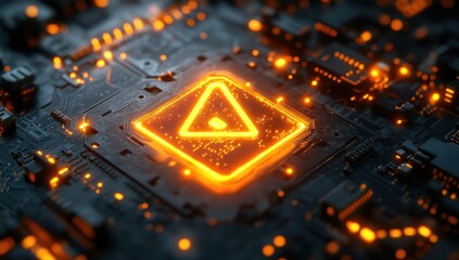 Canvas Print - Glowing Triangle Warning Symbol on Circuit Board