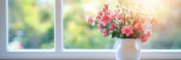 Poster - Sunlight pours through a window, highlighting a vase filled with pink flowers, creating a warm and inviting atmosphere indoors. Generative AI