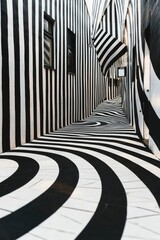 Black and White Striped Alleyway with Curved Floor