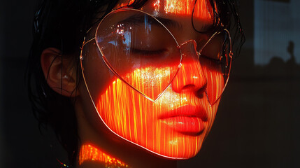 Wall Mural - Young woman wearing heart-shaped sunglasses with an orange glow.