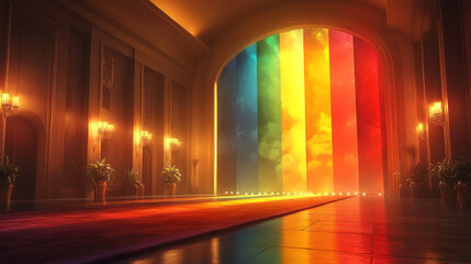 Poster - A grand hallway with a rainbow archway leading to a bright, celestial scene.