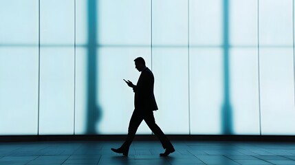 Wall Mural - Silhouette of a Man Walking and Looking at His Phone in a Modern Office Building