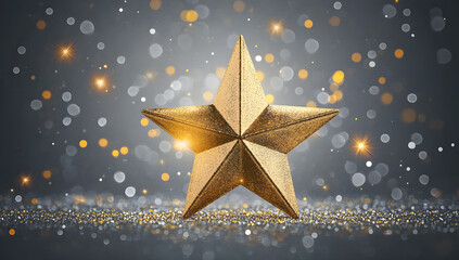 Canvas Print - Golden star with radiant sparkles and a gradient gray background