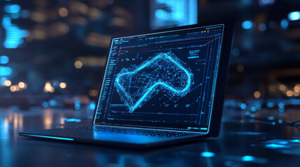 Python Coding Language Sign on Notebook Screen: Device for Programming and Development. Abstract Digital Wireframe, Low Poly Mesh, Raster Blue Neon 3D Illustration Featuring Triangles and Line Dots.

