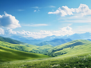 Poster - A tranquil countryside scene with rolling green hills, a clear blue sky dotted with fluffy clouds, and a peaceful meadow of grass, capturing the natural beauty and serenity of a mountainous landscape