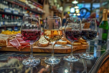 Glasses of red  white and rose wine as foreground over a delicatessen table in the background