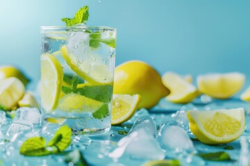 Wall Mural - Lemon and mint cocktail ingredients on blue background.