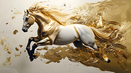 Wall Mural - striking image of a golden horse galloping across a canvas with abstract gold leaf textures