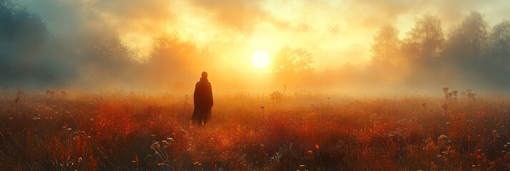 Poster - Silhouette of a person in a foggy field at sunrise.