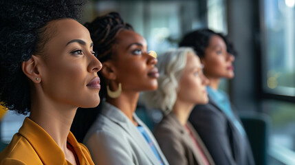 Diverse group of professionals in business attire standing confidently in modern office lobby, symbolizing dynamic labor market and urban work environment.