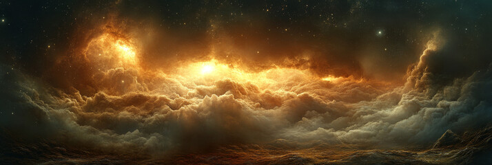 Poster - A fiery nebula illuminates the sky above a vast sea of clouds.