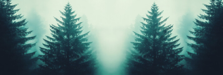 Sticker - Tall trees stand silhouetted against a foggy sky.