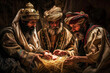 © Duckai - Three Wise Men from the East Bringing Gold Frankincense and Myrrh to Baby Jesus in a Christmas Nativity Scene