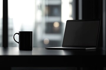 Wall Mural - Laptop and coffee cup on black table in office. Workplace concept