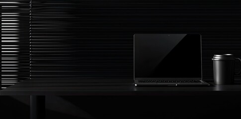 Wall Mural - Laptop and coffee cup on black table in office. Workplace concept