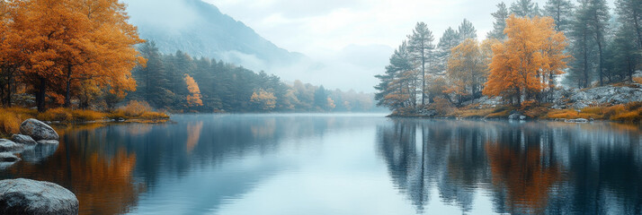 Wall Mural - Misty morning over still lake with fall foliage