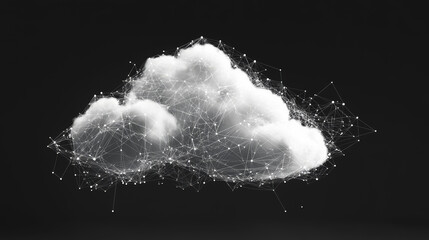A simple, geometric design shows a cloud service, like a starry sky. It's made with lines, dots, and shapes, and it has a shield-like outline.low poly wireframe.