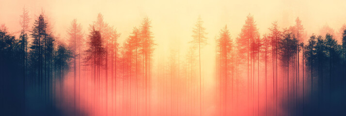 Wall Mural - Misty forest with tall trees at sunset.