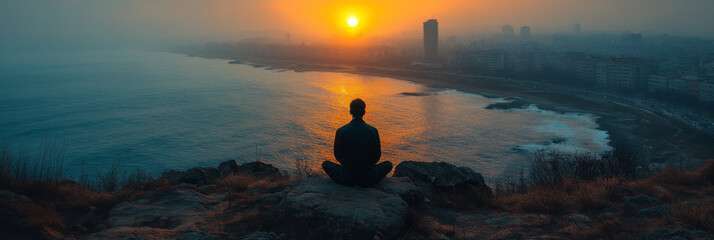 Wall Mural - A man meditates on a cliff overlooking the ocean at sunrise.