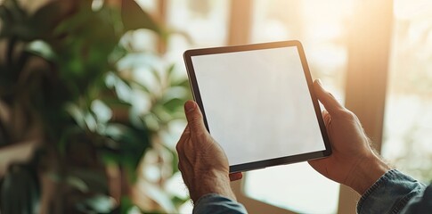 Close up of male hands using digital tablet with blank white screen