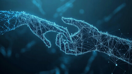 a futuristic image shows hands connecting abstract technology circles, with lines representing globa