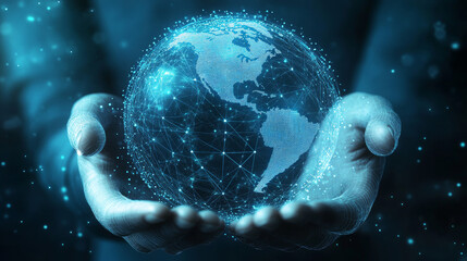 a futuristic image shows hands connecting abstract technology circles, with lines representing globa