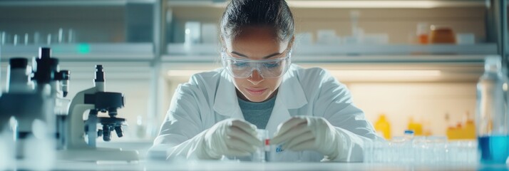 Aufkleber - A scientist in a lab coat and protective gear meticulously examines test tubes and samples while conducting research in a laboratory. Generative AI