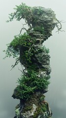 Wall Mural - Majestic Rock Formation Overgrown with Lush Vegetation in Misty Rain